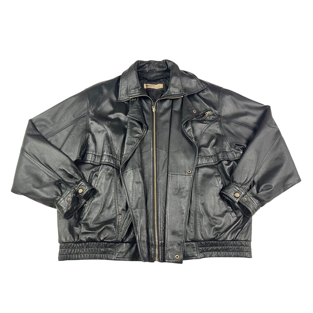 Prestige Black Leather Bomber Jacket Mens 3XLT Big & Tall Full Zip Quilted Lined